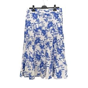 RW&CO Cotton Floral Print Tiered Flare Midi Skirt White Blue L
